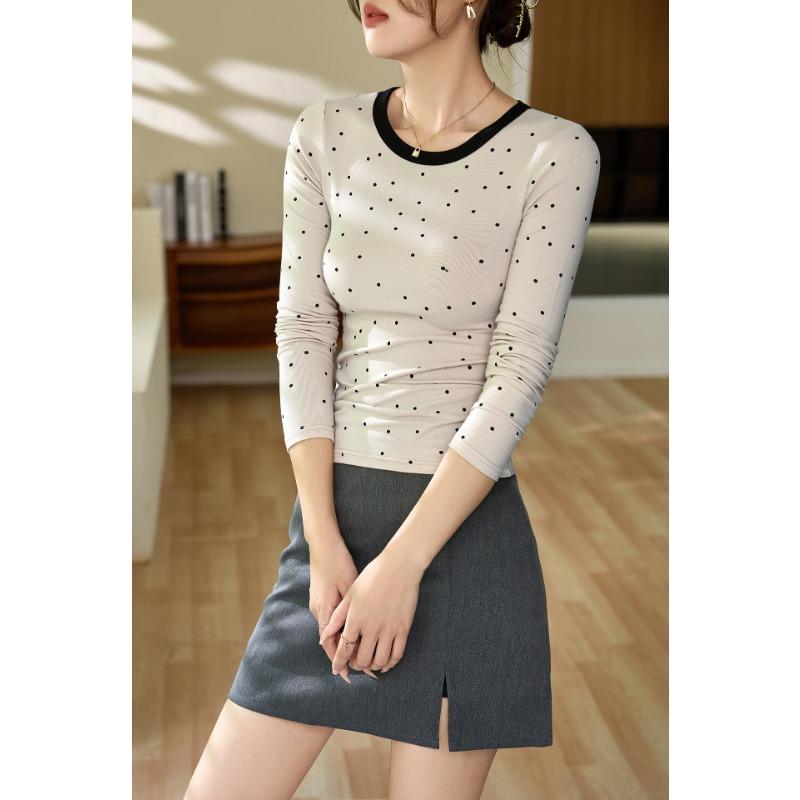 Women Polka Dot Color Block Long Sleeve Slim Fit Vintage Bottoming T Shirt