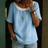 Womens Short Sleeve Loose Fit Blouse with Lace Trim Scoop Neck Casual Solid Pullover Top for Summer Daily Wear