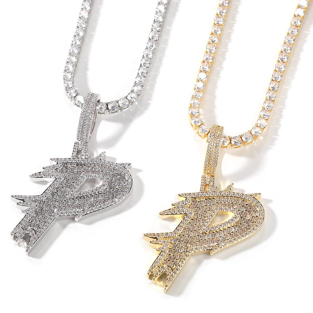 Copper Micro Pave Zircon Baguette Thorn Single Letter Pendant Necklace,Minimal Hip Hop Choker,Trendy Street Bling Clavicle Chain Jewelry for Men Women
