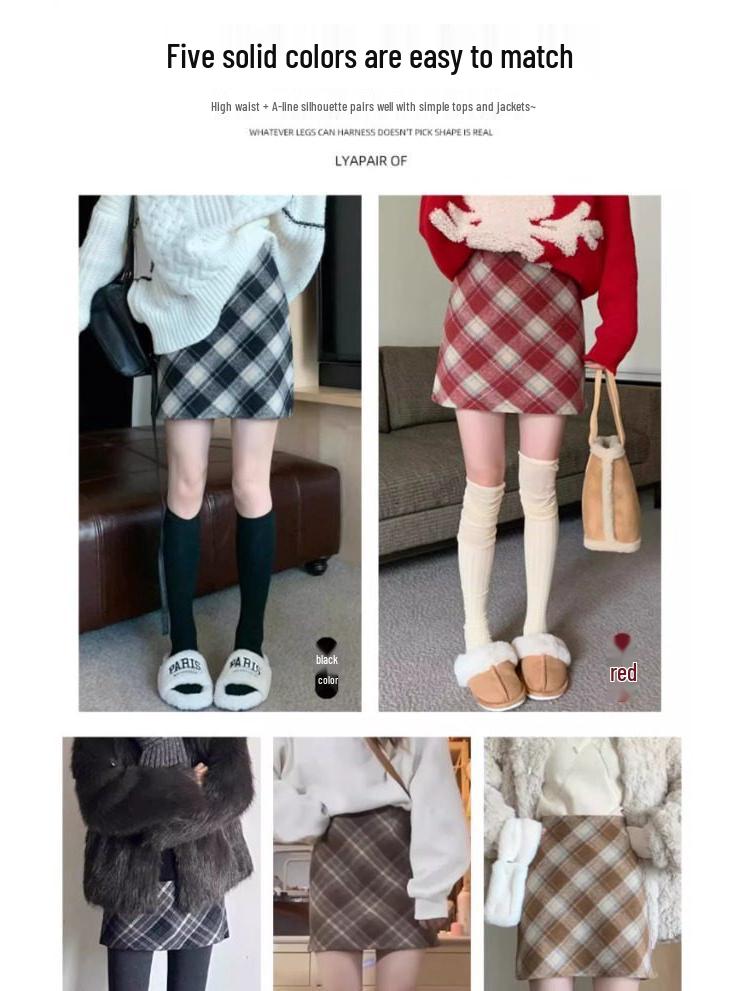 Woolen Retro Plaid High-Waisted A-Line Mini Skirt for Women - Autumn/Winter Hip-Hugging, Anti-Exposure, Versatile Design