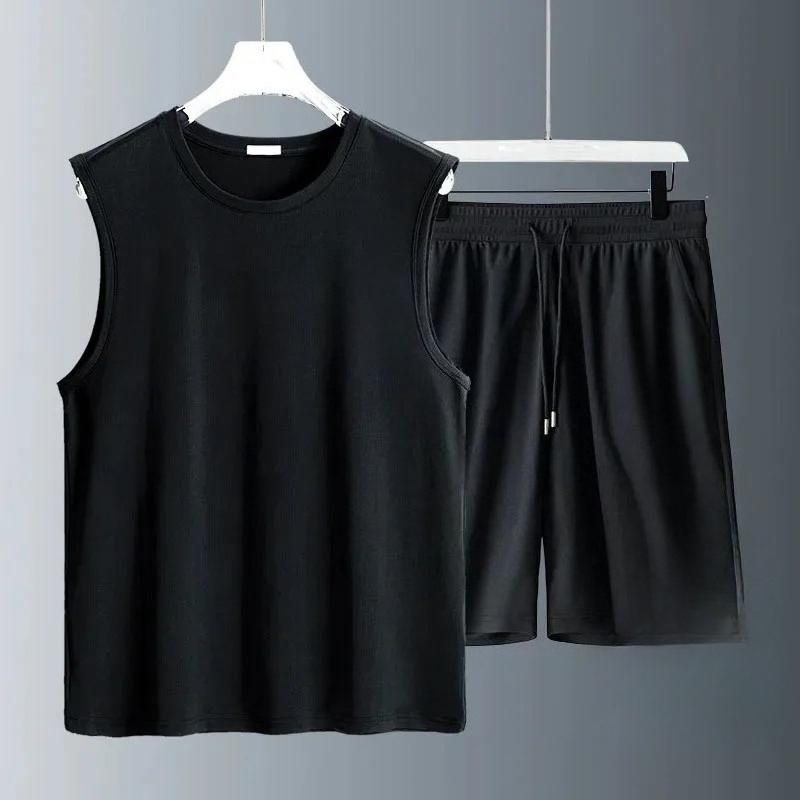 2026 Summer Hot Men Solid Color Sets Casual Sleeveless T-shirt Shorts Pants Sports Vest Two-piece Set Fashion Disc Letter Print