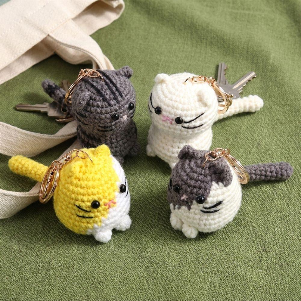 Multi-color Handwoven Cat Pendant Cartoon Knitted Animal Key Ring Crochet Cat Keychain Gift Giving