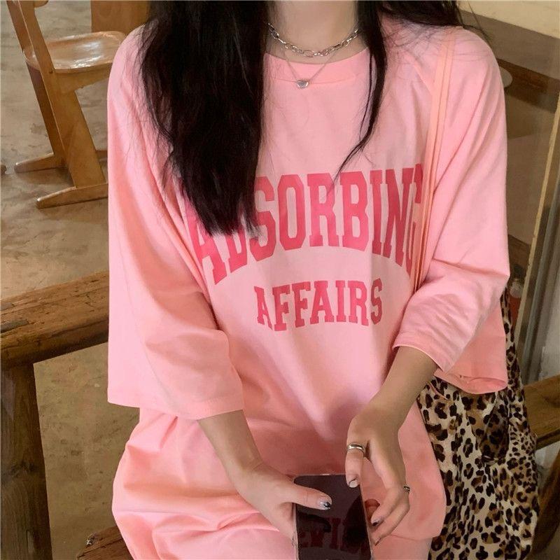 Women's Hong Kong Style Loose Fit Knee-Length T-Shirt Dress - Summer Short Sleeve, Slim Round Neck, Letter Print