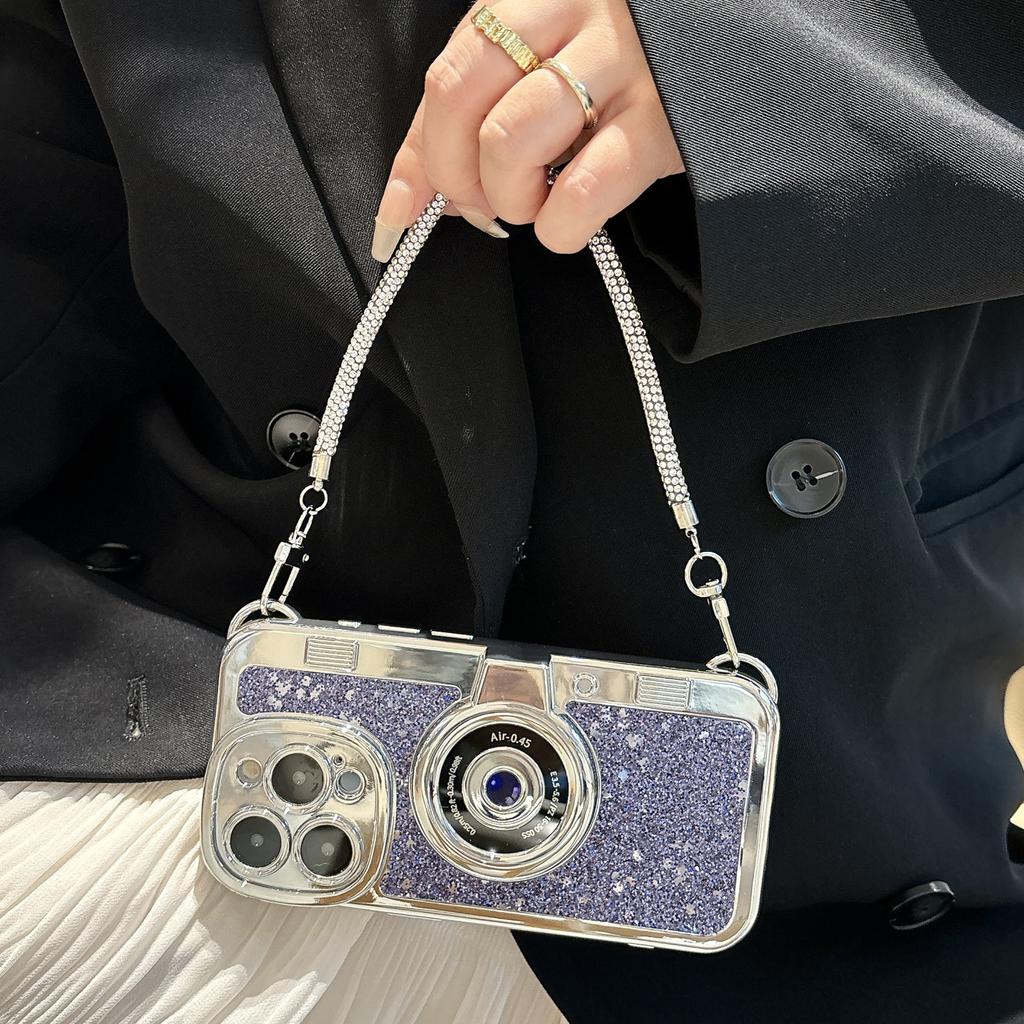 For iPhone 14 Pro Max Cover Glitter Powder Camera Design TPU Phone Case with Tote Strap