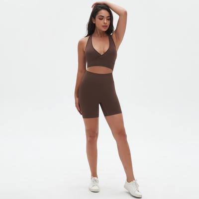 Seamless Gym Set Women Solid Colour Yoga Clothing Knit Shorts Backless Fitness Bra Sportswear