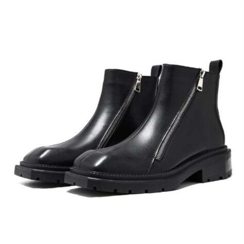 Chelsea Boots Square Toe Leather Shoes Black Ankle Boots Double Side Zipper Motorcycle Boots Stivaletti Bota De Tornozelo C1177