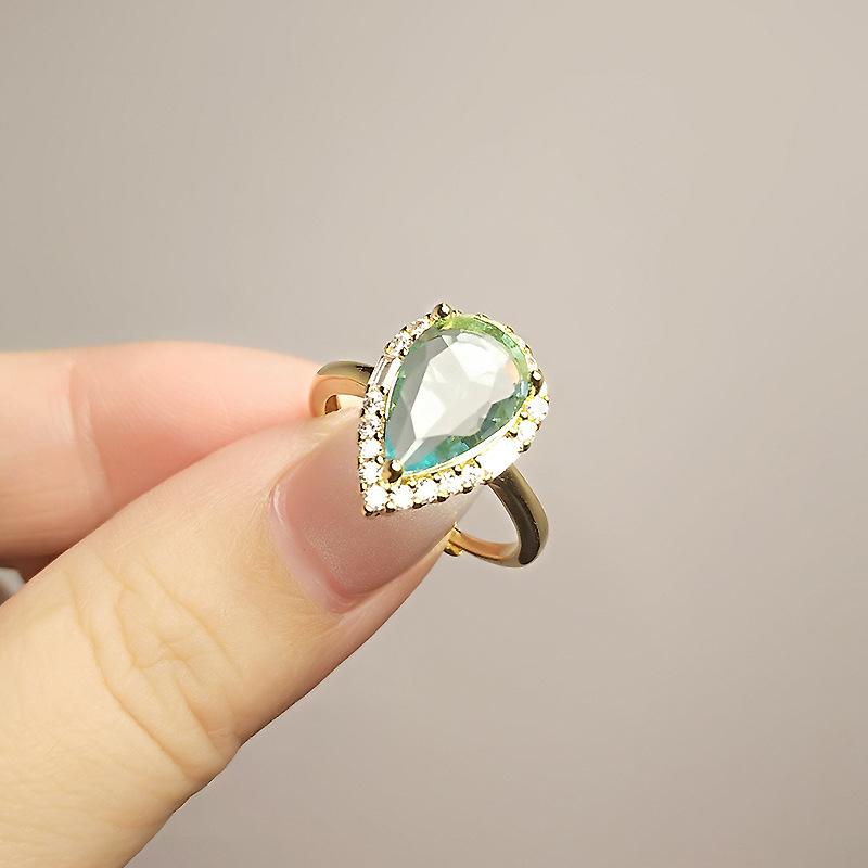 

Water Drop Type Imitation Aquamarine Ring Women S Light Luxury Yellow Diamond Emerald Opening Adjustable Ring opening adjustable
