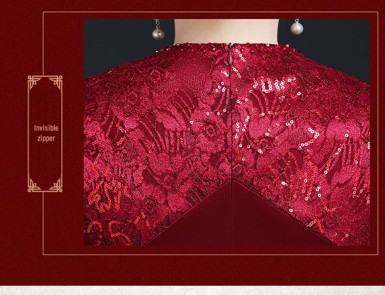 Summer Red Long Cheongsam Dress for Young Mother-in-Law at Wedding Banquet