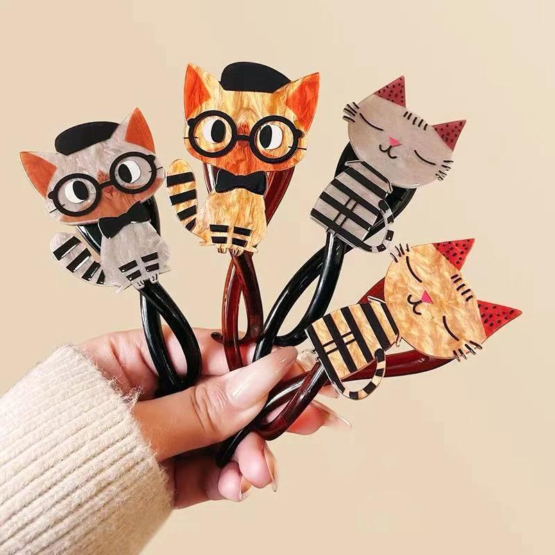 Funny Cute Kitten Hairpin Acrylic Twist Clip Fashionable Girl Ponytail Back of The Head Hair Clip