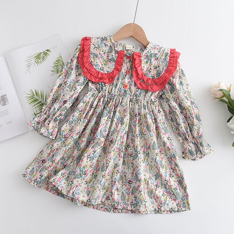 Girls Autumn Sweet Floral Dress With Large Lapel Contrast Lace Trim Princess Long Sleeve Casual Party Wear 100cm