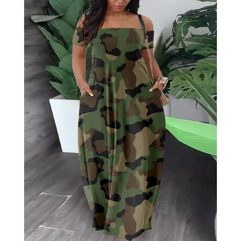Women's Fashion Summer Spring Colour Block Print Short Sleeve One Shoulder Loose Waistlinet Casual Dresses