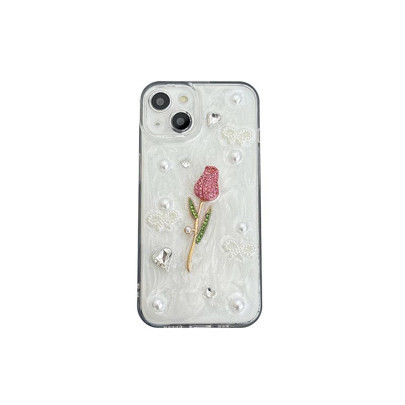 For Apple 16Pro Fresh Ins Style Rose Phone Case for IPhone17 Glitter Glitter Rhinestone Pearl Diamond