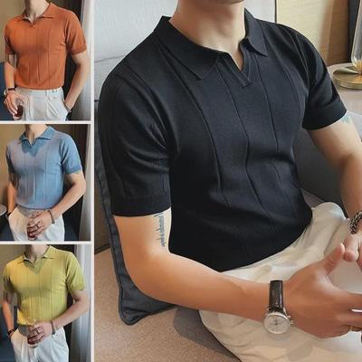 Men's Trendy Japanese Style Solid Color Polo Shirt - Short-Sleeved Versatile Knitted Top