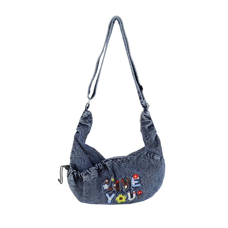 Женская мятая вышитая джинсовая сумка-пельмень на плечо/через плечо