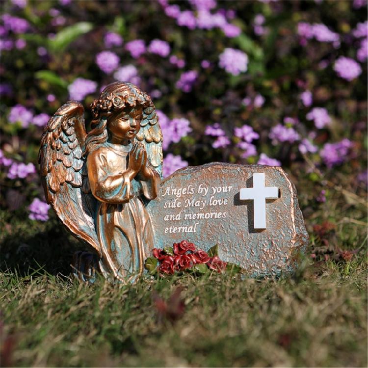 Resin Praying Angel Garden Statue With Solar Lighted Crosses Outdoor Waterproof Sculpture Grave Lamp for Patios Cemetery