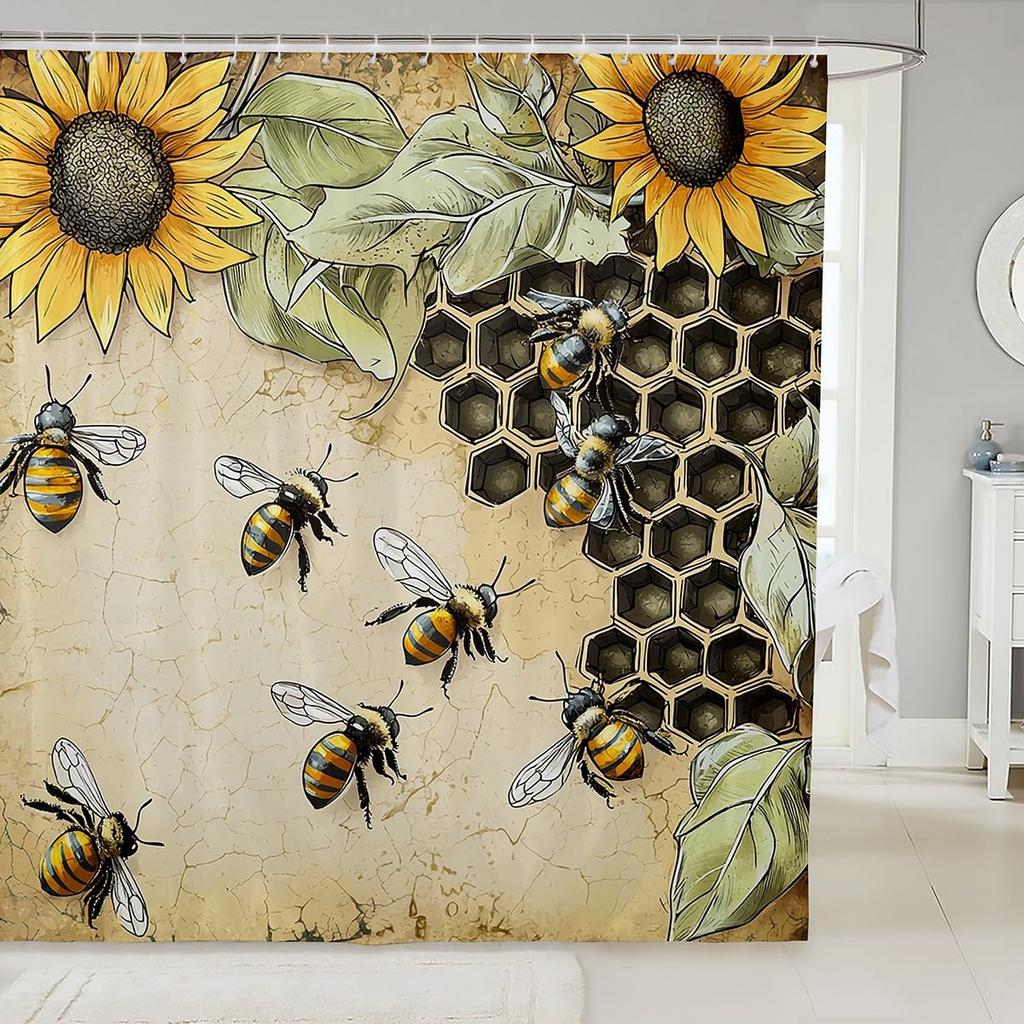 Wild Bee Shower Curtain Honeycomb Honey Yellow Garden Flower Retro Farmhouse Rustic Bathroom Decor Hooks