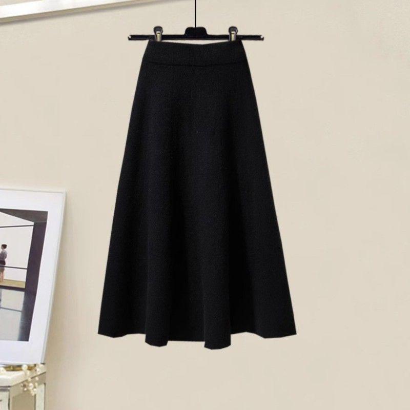 Petite Two-Piece Set: Peter Pan Collar Cable Knit Sweater + High-Waisted A-Line Knit Midi Skirt, Autumn/Winter Style.