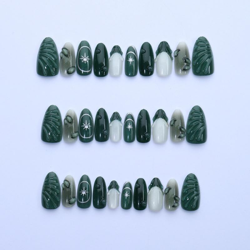 3D Embossed Gilded Emerald Almond Nails with Falling Leaves Art
