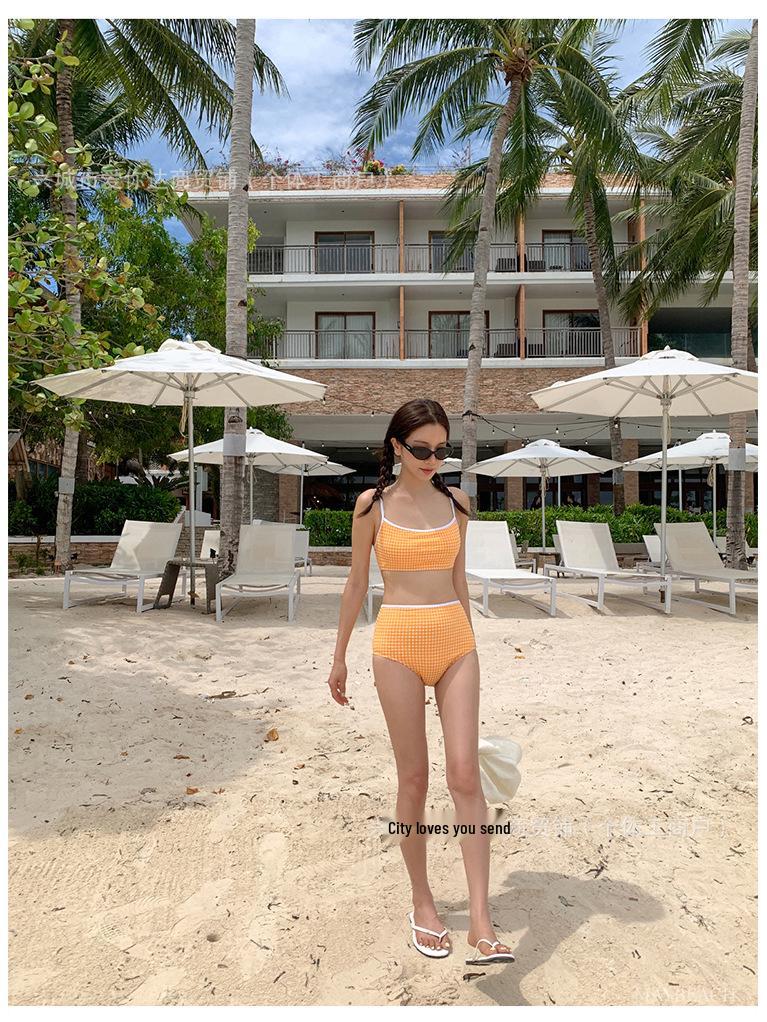 2026 Retro Korean Plaid Color Block High Waist Bikini Swimsuit