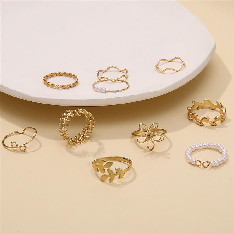 10Pcs Imitation Pearl Leaf Flower Rings Set For Women Rhinestone Butterfly Finger Ring Metal Knuckle Finger Ring Jewelry
