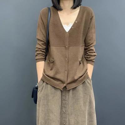 Women's Spring/Fall Korean-Style Loose-Fitting, Slimming, Boho-Chic Long-Sleeve Knit Cardigan Solid-Color Lightweight Sweater Jacket