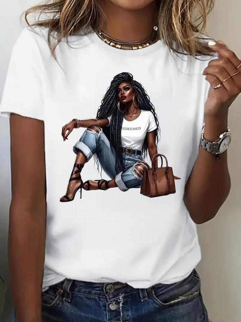 European Size Stylish printed short sleeve T-shirt for women, crew-neck medium stretch, fabric, suitable for all seasons