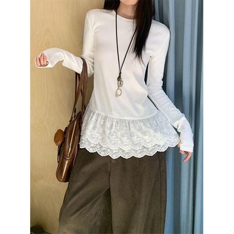 

Korean Lace Patchwork Floral Plush Long Sleeve Women s T-shirt, Slim-Fit Versatile Base Layer for Autumn/Winter Small белый