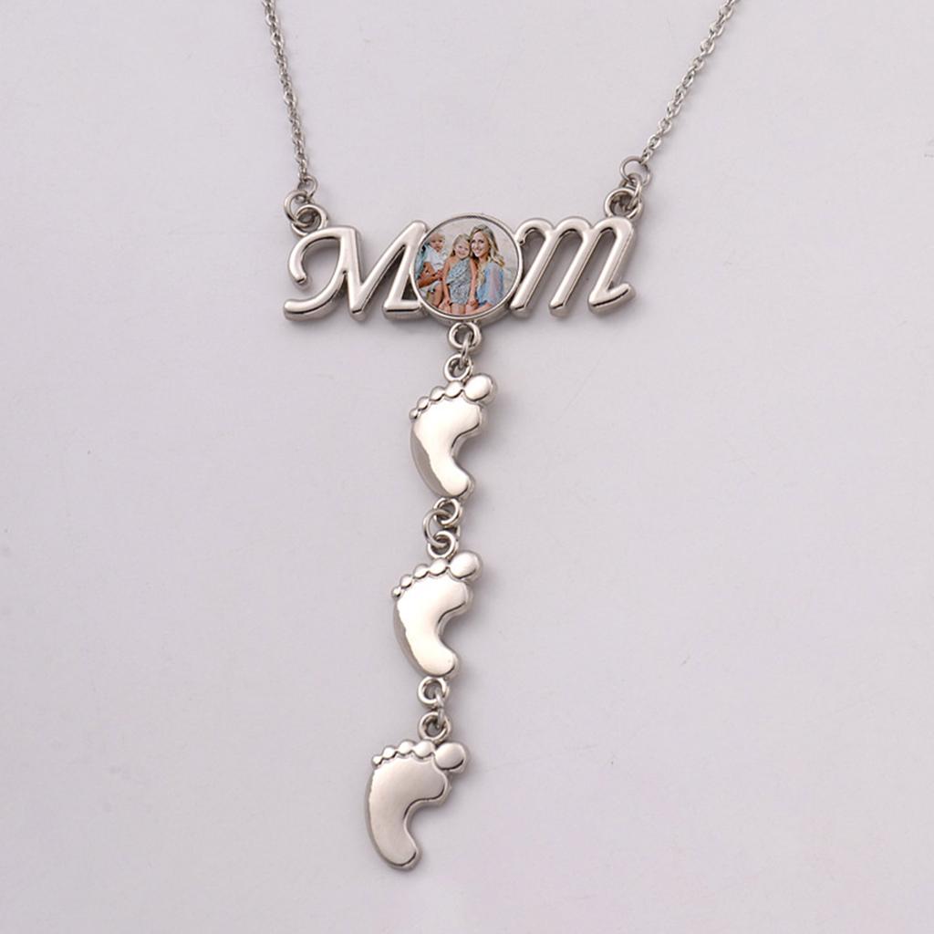Heat Thermal Transfer Pendant Necklace Sublimation Blanks Mom Footprint Pendant Clavicle Chain Bezel Pendant Necklace