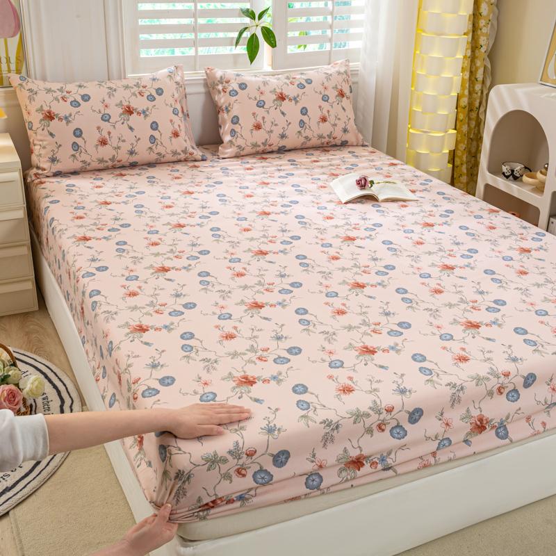 Bed Sheet with Elastic Washed Cotton Blue Flower Printed Fitted Sheet Single/Queen/King Mattress Cover for Double Beds