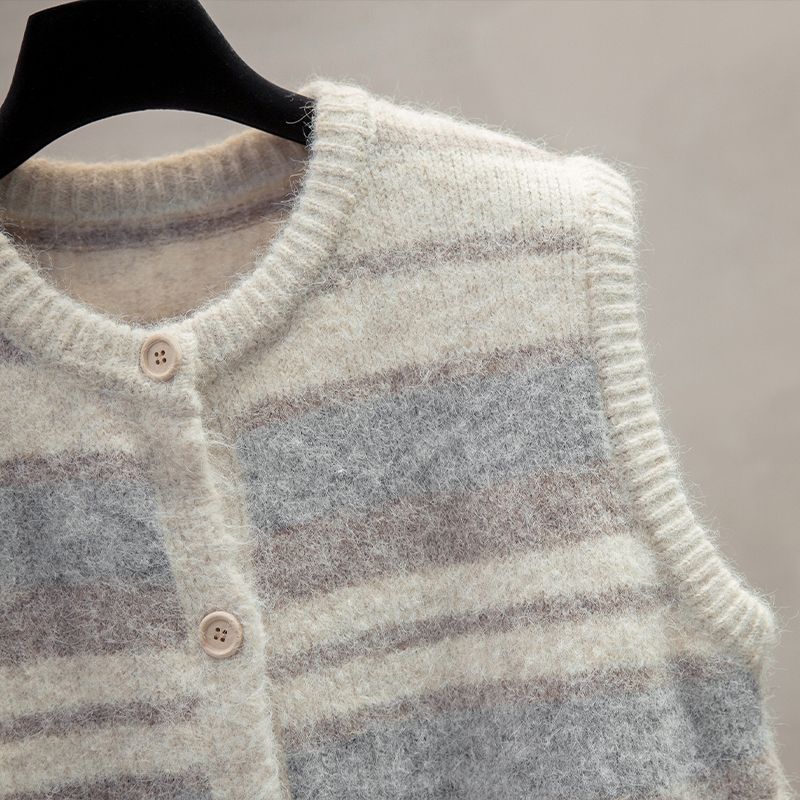 Striped Round Neck Knitted Vest for Women Autumn and Winter Loose Outer Knitted Vest Sweater