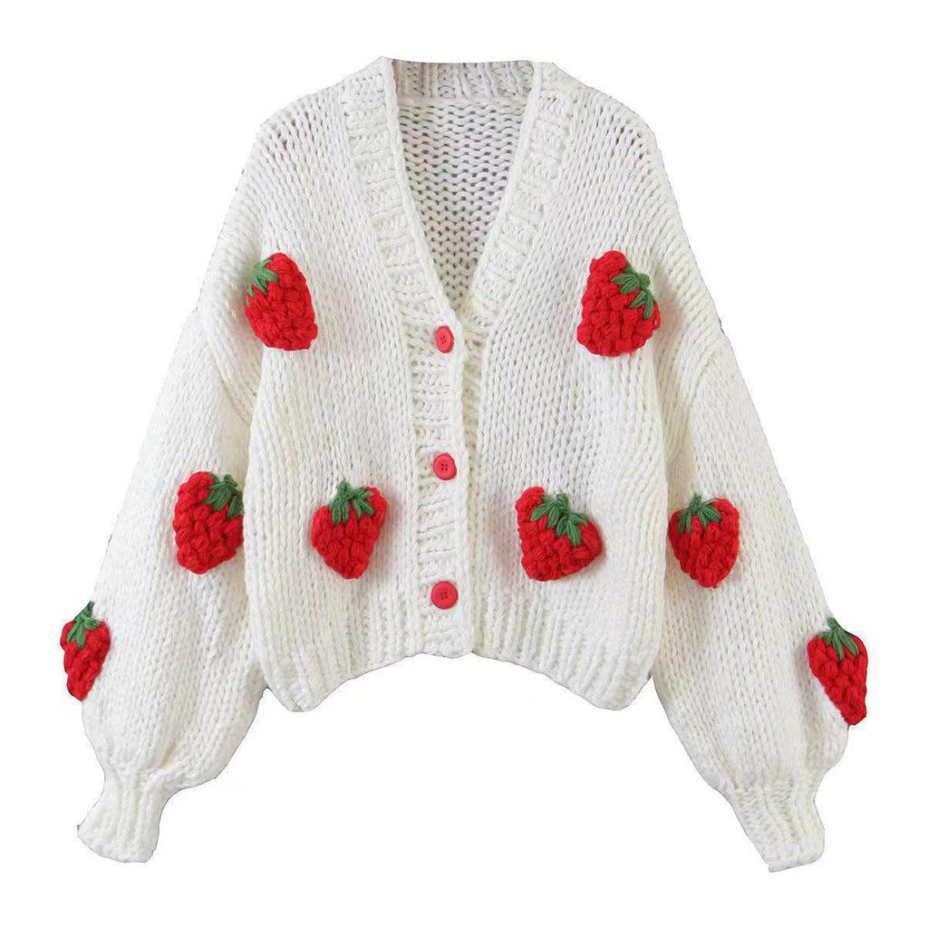 European & American V-Neck Strawberry Knitted Cardigan with Lantern Sleeves for Women