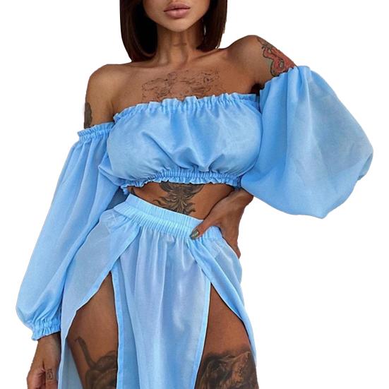 2Pcs/Set Swimwear Cover Up Solid Color Off Shoulder Waist-exposed Wear-resistant Beach Skirt for