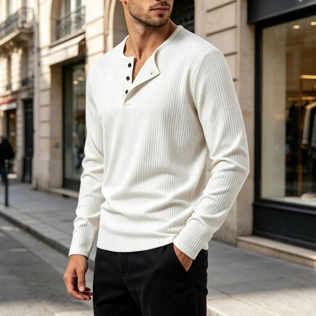 Men's Ribbed Shirt Long Sleeve Pullover Top for Fall Casual Everyday Wear