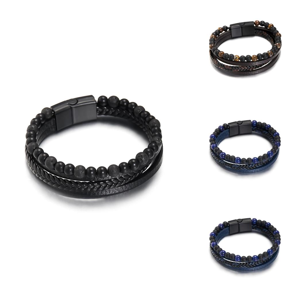 Geometric Style Mens Weaving Leather Wristband With Bead Design For Travel Gift