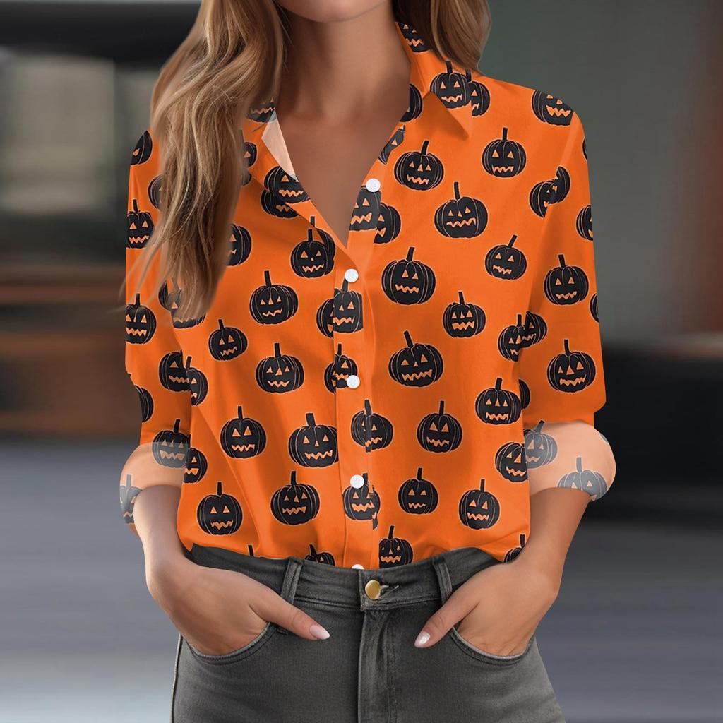 Damen Hemd Bluse Halloween Print Knopf Langarm Lässig Basic Hemdkragen Regulär Top