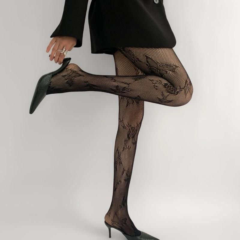 Womens Japanese Hollowed Out Fishnet Tights Stockings Aesthetic Vintage Butterfly Floral Patterned See Through Pantyhose