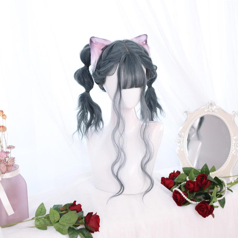 Ombre Nebelblaue Lolita lange gewellte lockige Haarperücke mit Pony süße Mädchen Party Cosplay Perücke hitzebeständige Fasersynthese