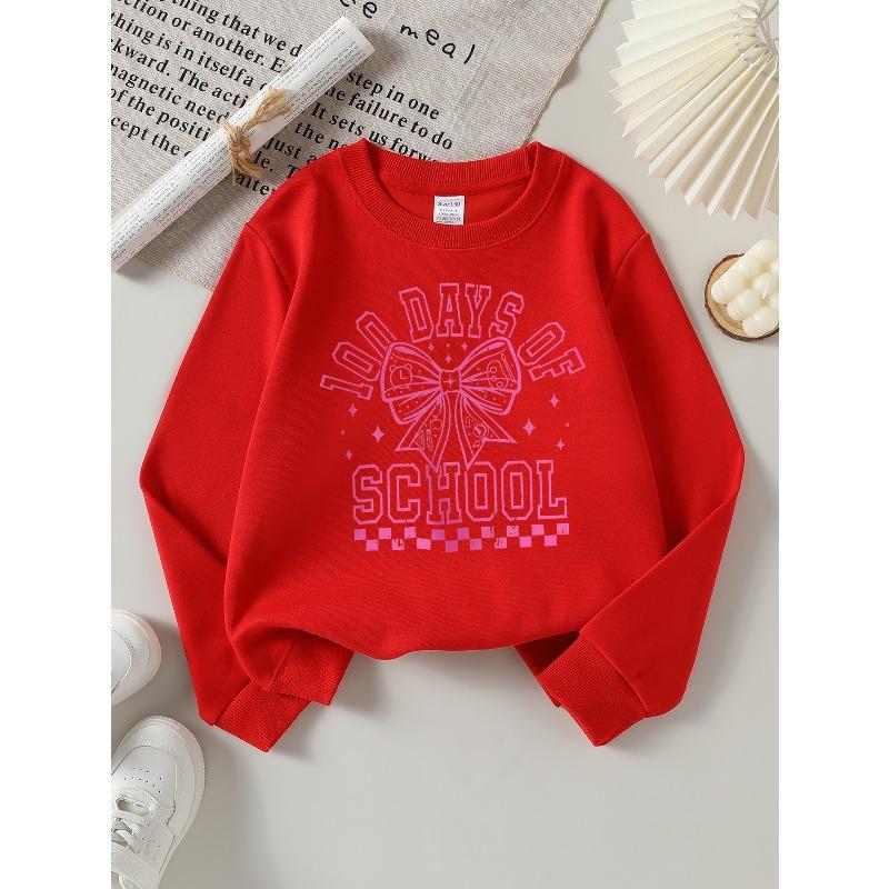 Kids Crewneck Sweatshirt, School Days Pink Bow Graphic Print, Soft Comfort Pullover