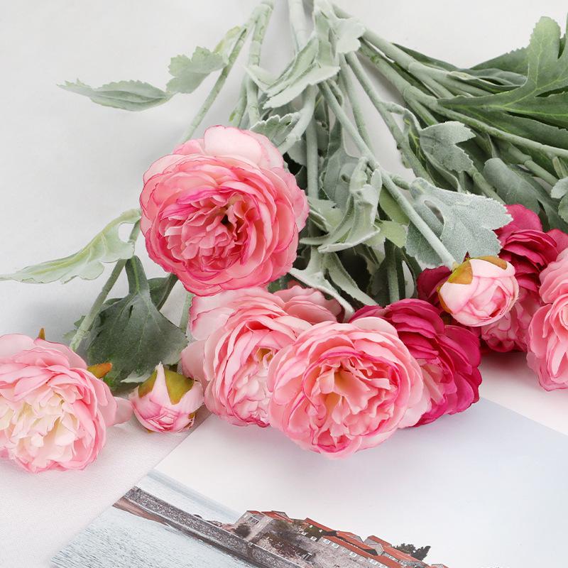 Peony Lotus Flower Flocking Bouquet: 3-Head Artificial Floral Arrangement for Living Room & Dining Table Decor.