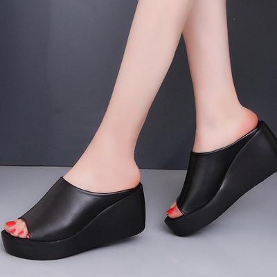 20252025 Direct Batch of New Slope Heel Cool Slippers Women's Summer Muffin Thick-soled Slippers High Heel One-word Cool Slippers Women