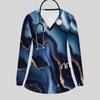 Women Plus Size Blue Marble Printed Nurse Scrub Top V Neck Long Sleeve With Pockets