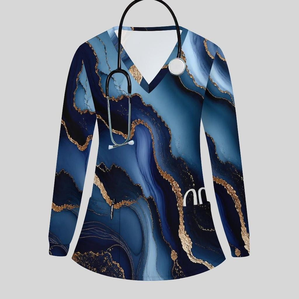 Women Plus Size Blue Marble Printed Nurse Scrub Top V Neck Long Sleeve With Pockets
