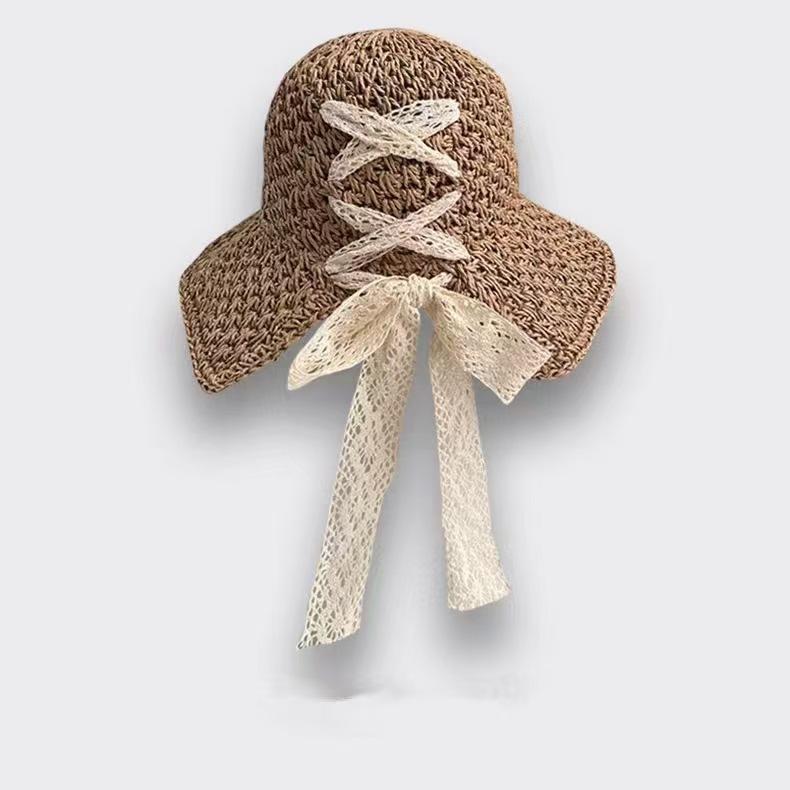 Sweet bow embroidered straw hat women's seaside vacation fisherman's hat children's summer hollow breathable straw visor