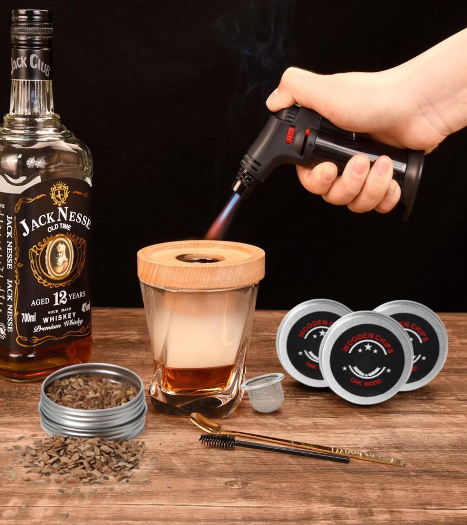 Cocktail Räuchergerät Rauchkopf Whiskey Räucher Set mit 4 Arten von Holzspänen (Eiche, Pfirsich, Apfel, Kirsche), Filter und Löffel - Aus Holz