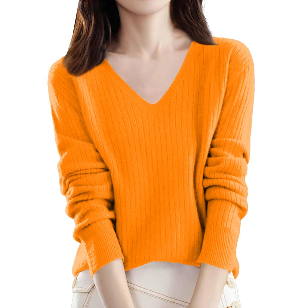 Women's Loose-Fit Knitted Base Layer Sweater V-Neck Pullover Long Sleeves Solid Colour