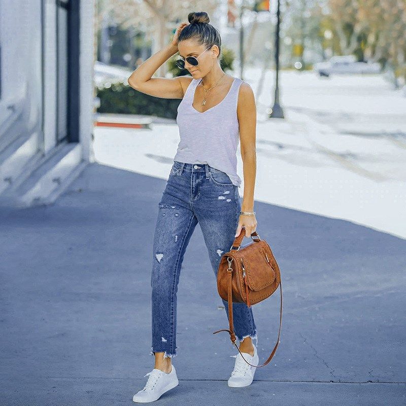 New Washed and Worn Fringe Jeans for Women