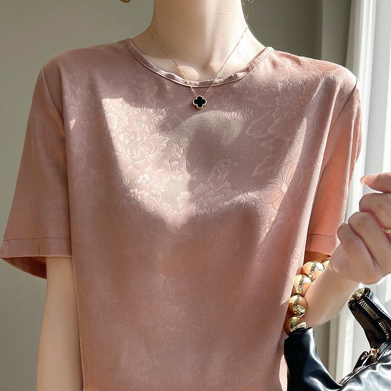 Summer Women's Silk T-shirt Round Neck Short Temperament Large Size Short-sleeved T-shirt Tops