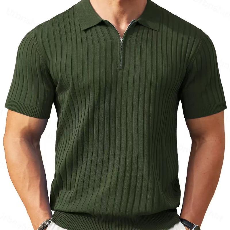 Mens Casual Solid Color Knit Half Zip Short Sleeve Polo Shirt