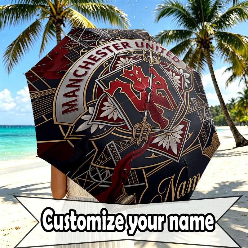 Custom Name Personalized Manchester United Print Umbrella, Auto Open Close, 8‑Rib Sturdy Frame, Commute Camping Hiking Use, Birthday Gift