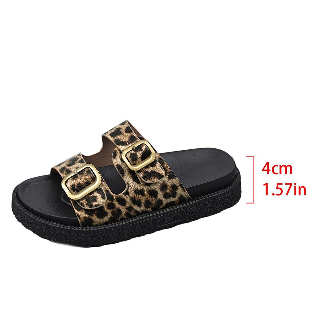 Leopard Print Cross Rivet Thick-Soled Women's Slippers - Summer 2025 European American Fashion with Single Strap Buckle in Plus Sizes.